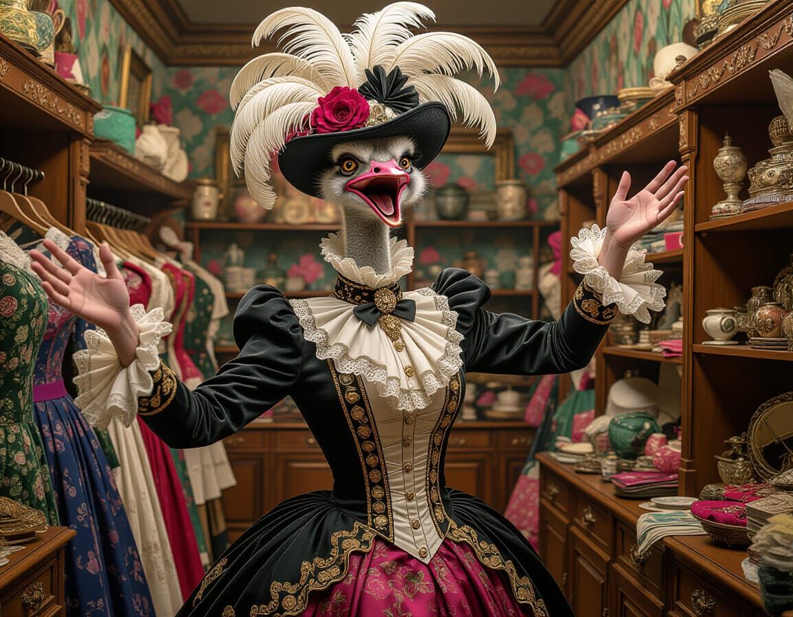 Victorian Ostrich's Wardrobe Malfunction, Rackham-esque Illu...