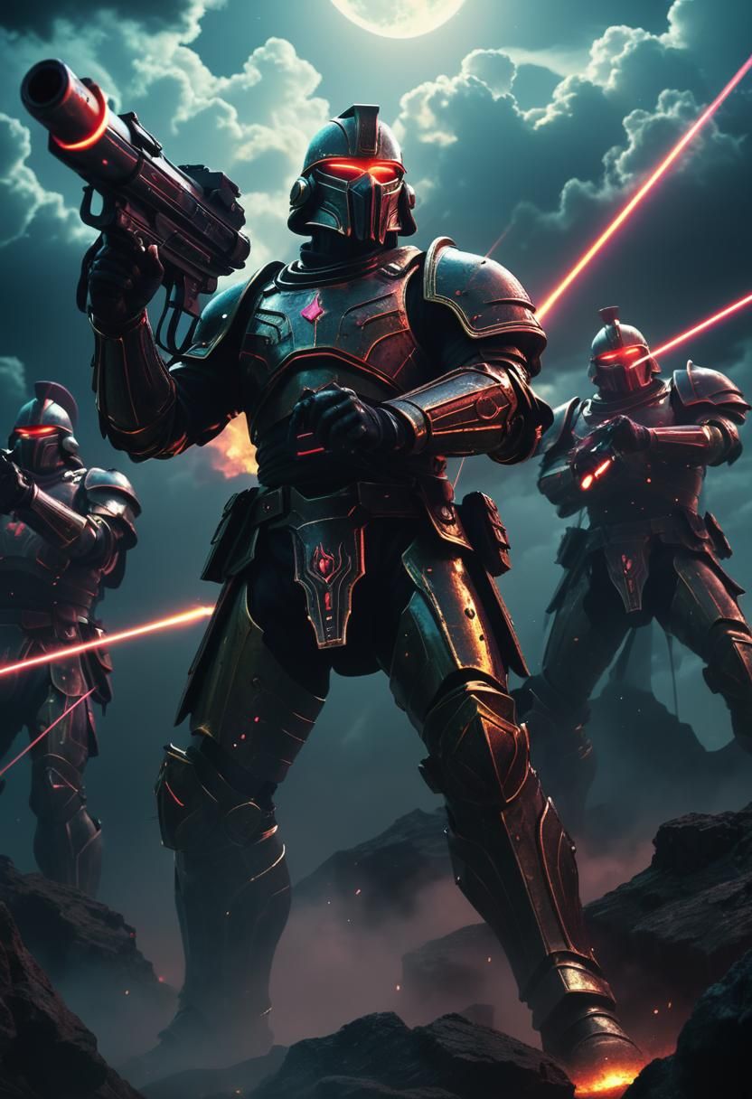 Soldiers firing a modern laser cannon into the dark sky