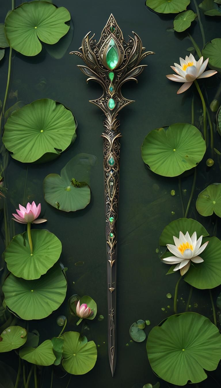 Ornate Elven Mace with Lily Pads and Gemstones