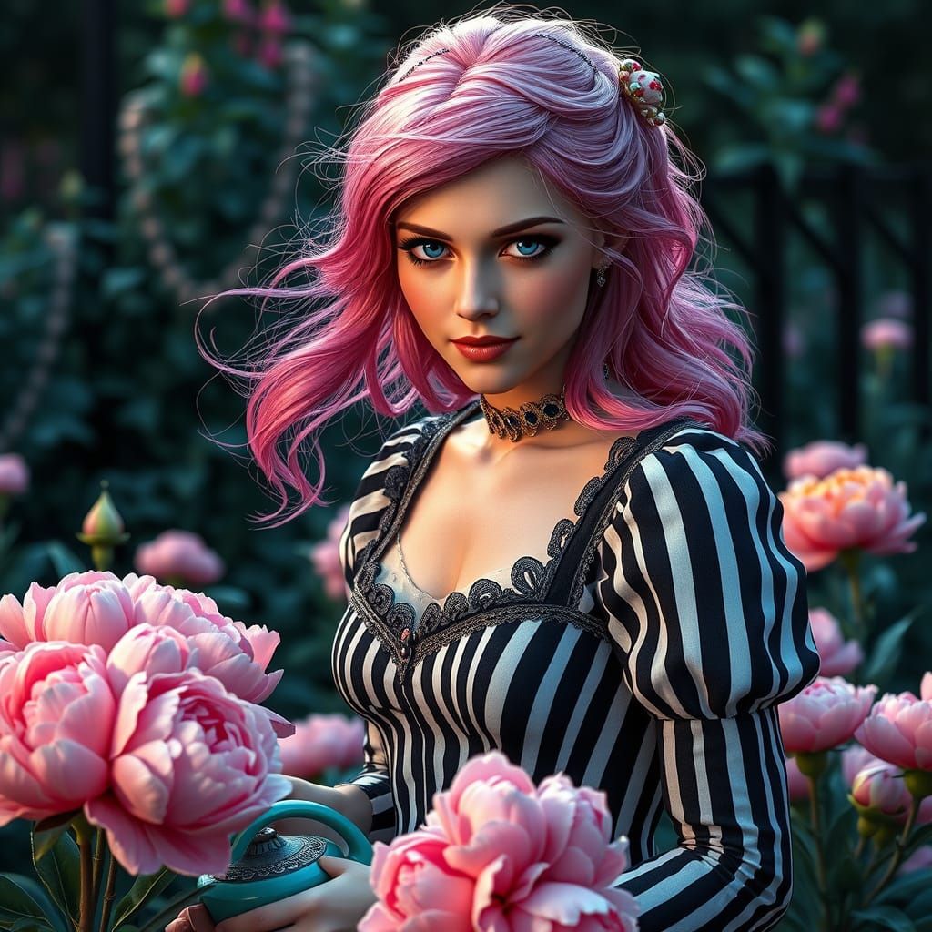 Woman Waters Peonies in Art Nouveau Style