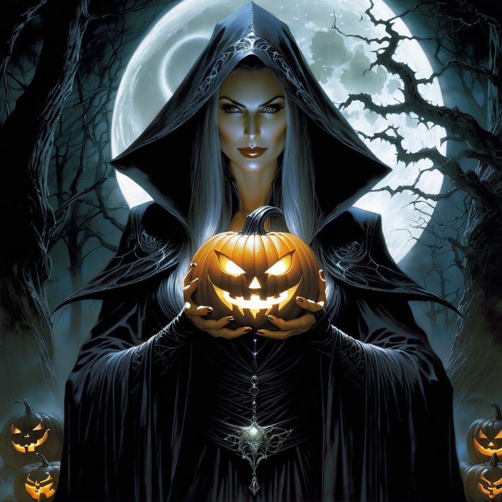 Evil Witch with Glowing Halloween Pumpkin