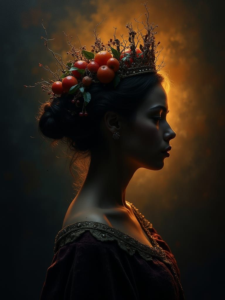 Regal Queen with Fruit and Vine Crown, Oil Painting Style
