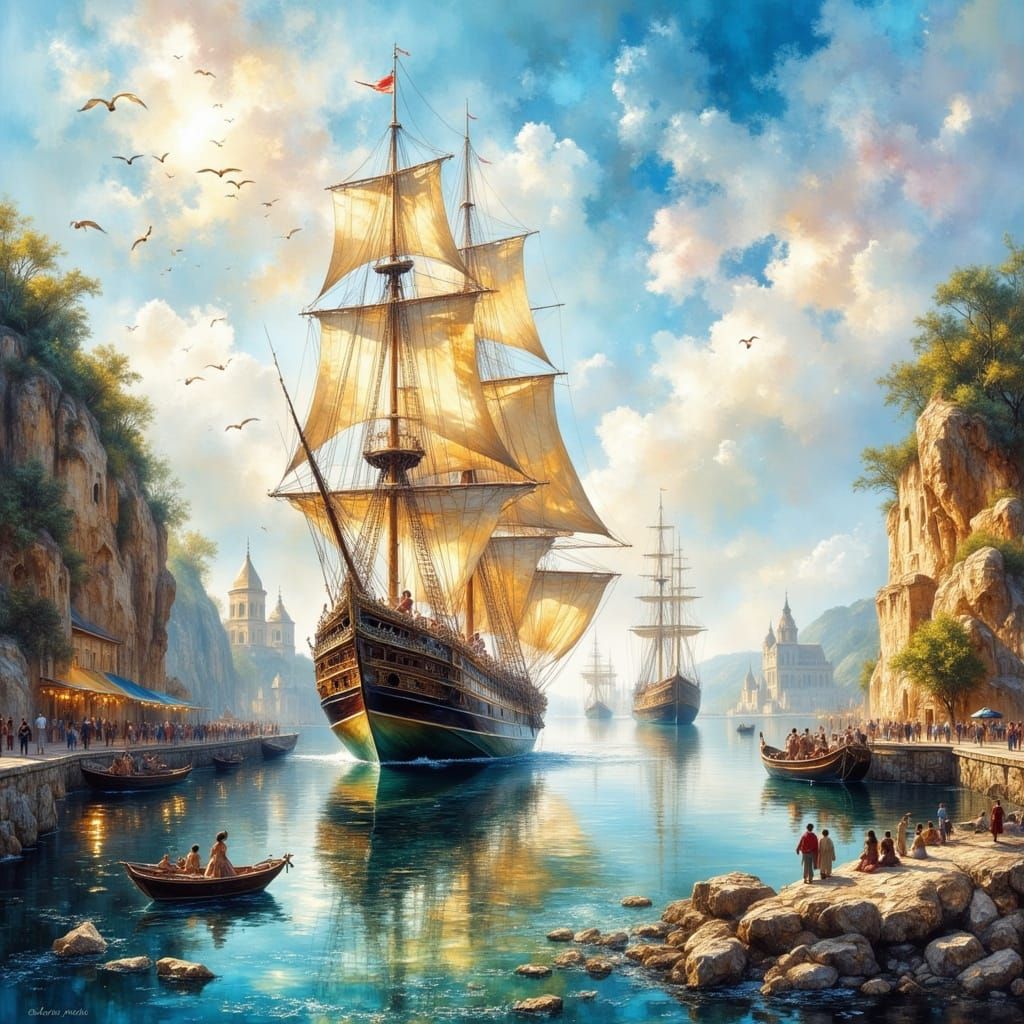 Majestic Sailing Ship Arrives in Idyllic Port