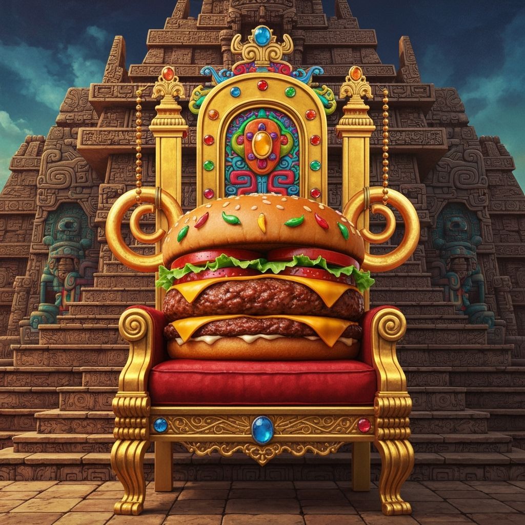Majestic Burger Lord in Moche Temple, Digital Art