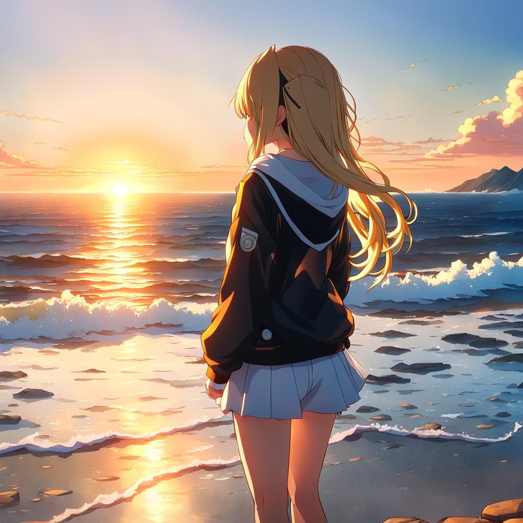 Anime Girl Watches Sunset in Golden Hour