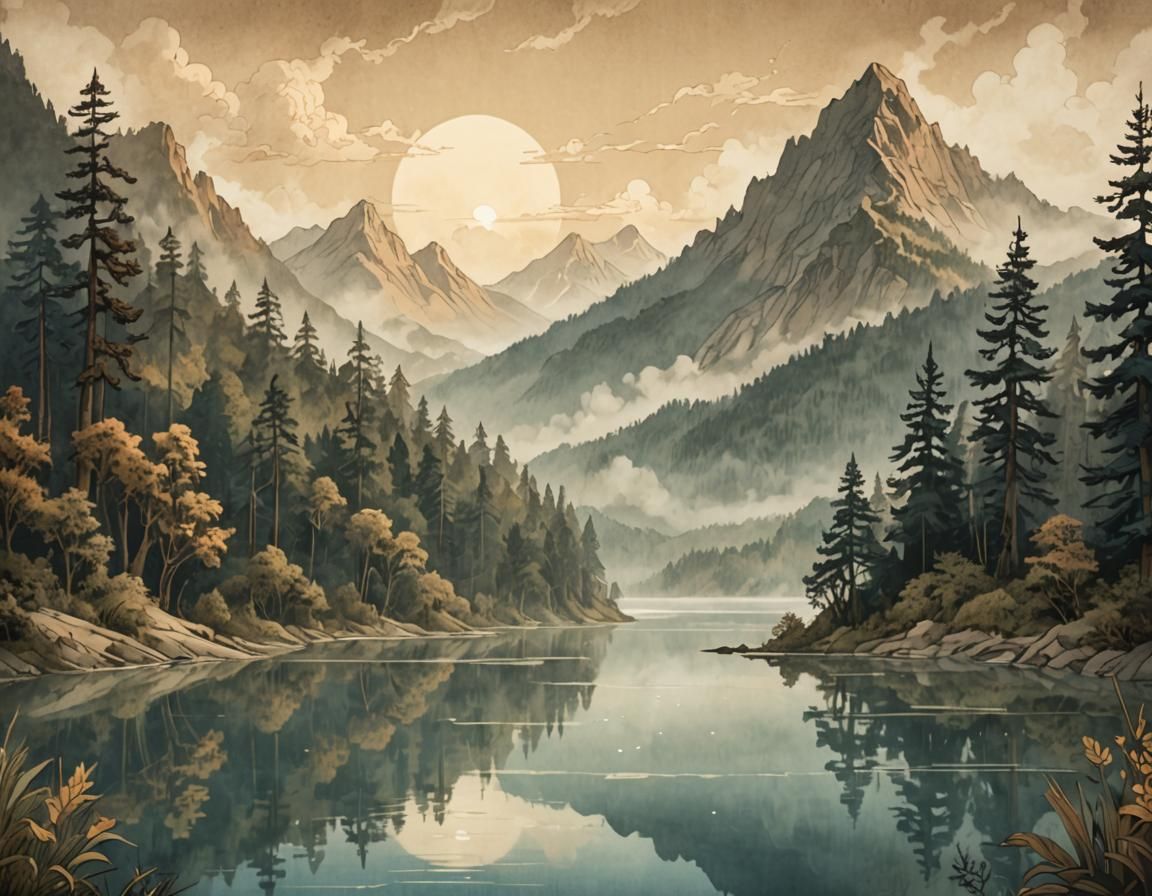 Misty Mountain Range Concept Art in Sepia Tones