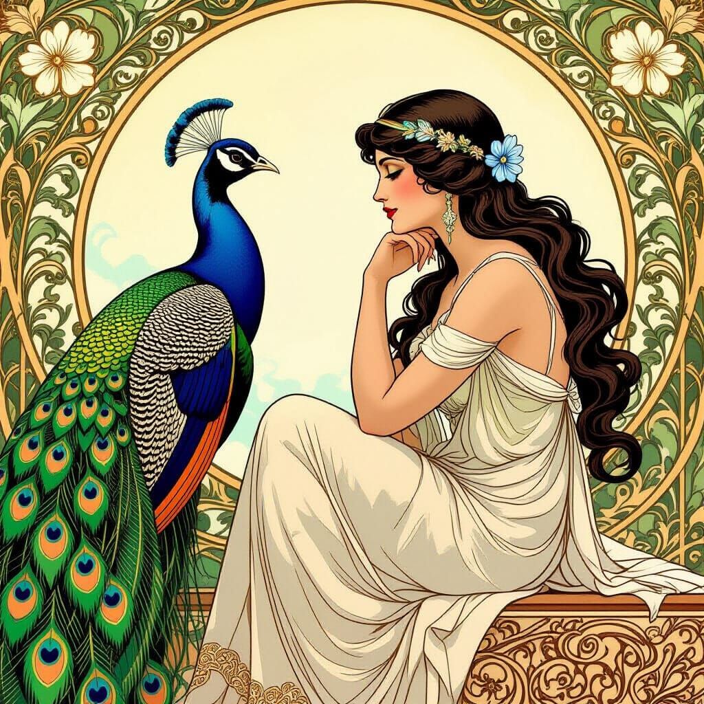 Art Nouveau Aphrodite with Peacock in Golden Hour