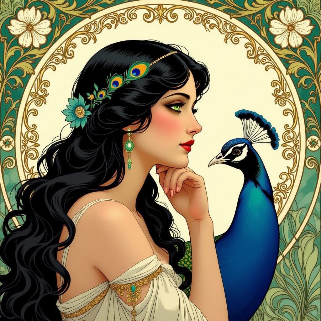 Aphrodite with Peacock in Art Nouveau Style