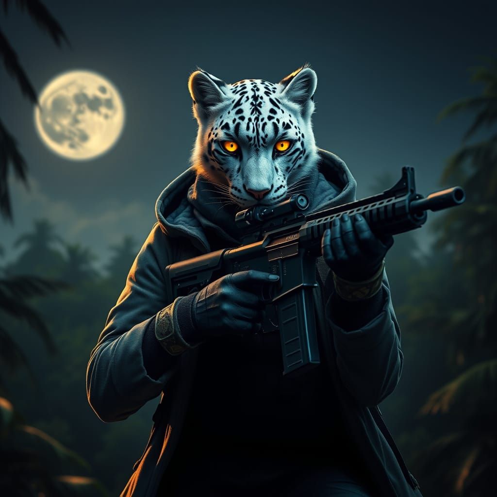 Snow Leopard Vampire Soldier in Amazonian Forest
