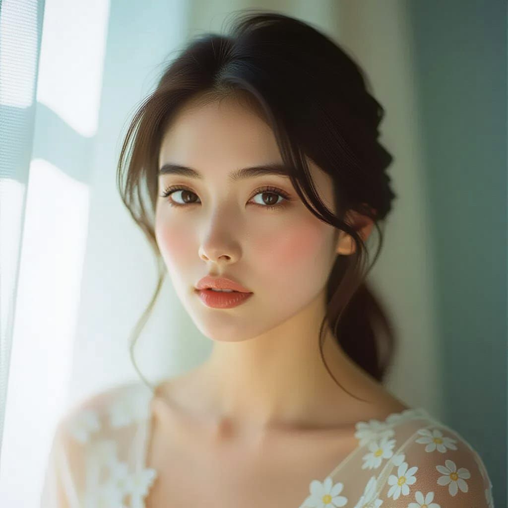 Cinematic Film Still of Woman with Flowers