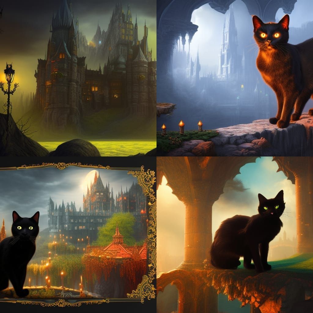 Black Cat in a Fantastical Castle Painting