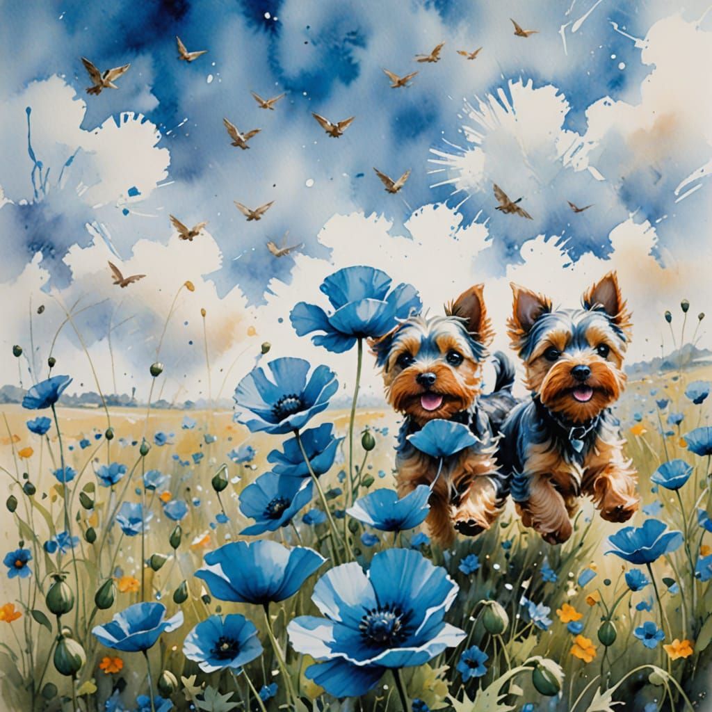 Yorkies and Birds in Blue Poppies Watercolor Painting