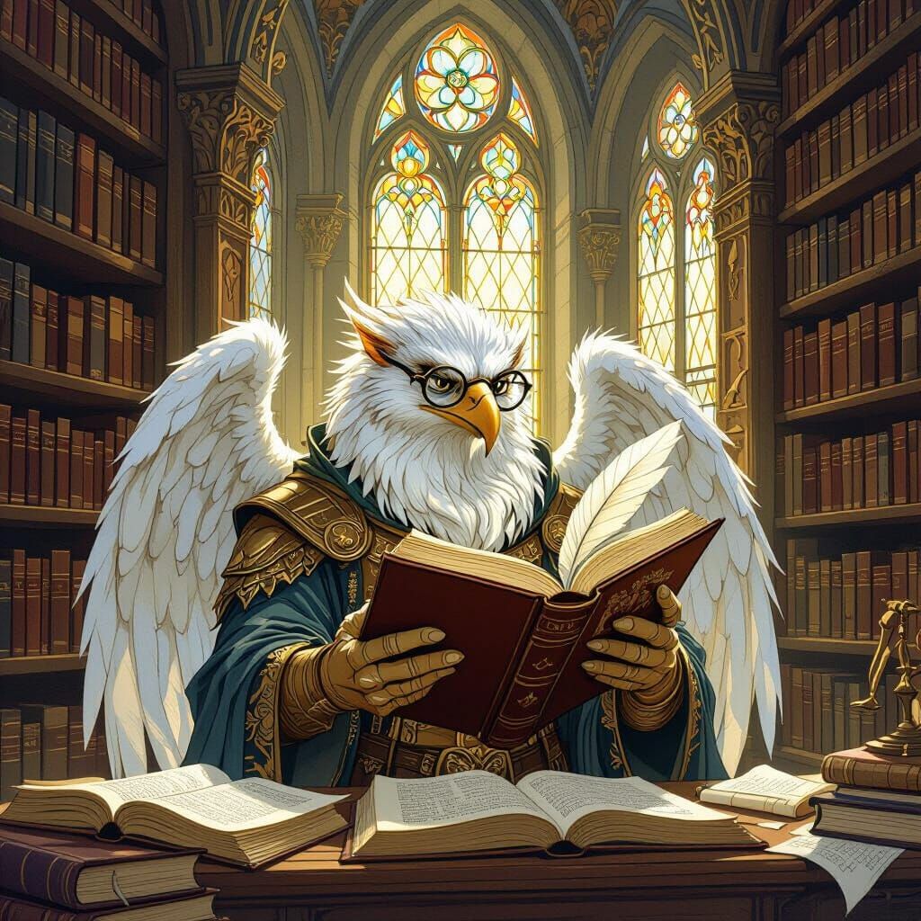 Griffin Reads Tome in Arthur Rackham Style Library