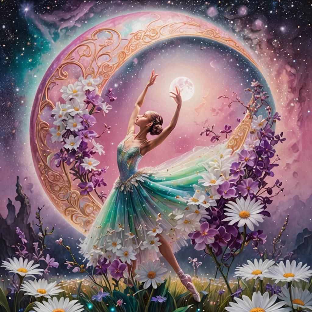 Ballerina in Astral Cosmic Dreamscape, Mixed Media Illustrat...