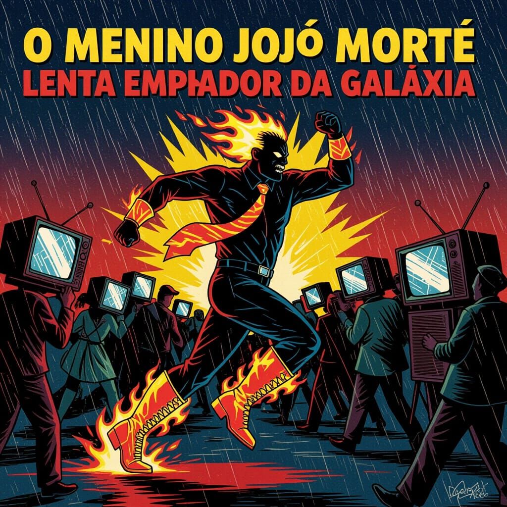 Retro-Futuristic Emperor with Lightning Boots and Flaming Ti...