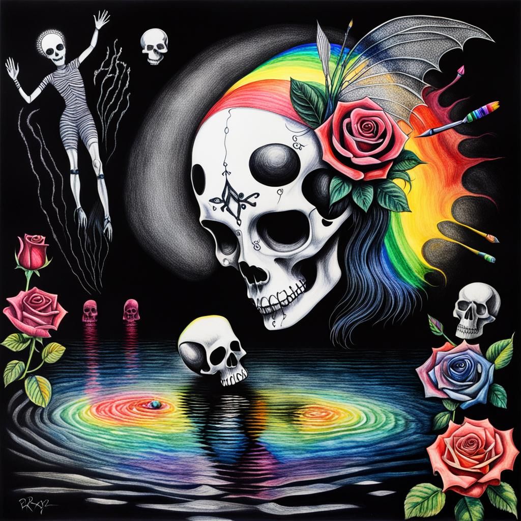 Surreal Crayon Drawing of Goth Woman in Darkness