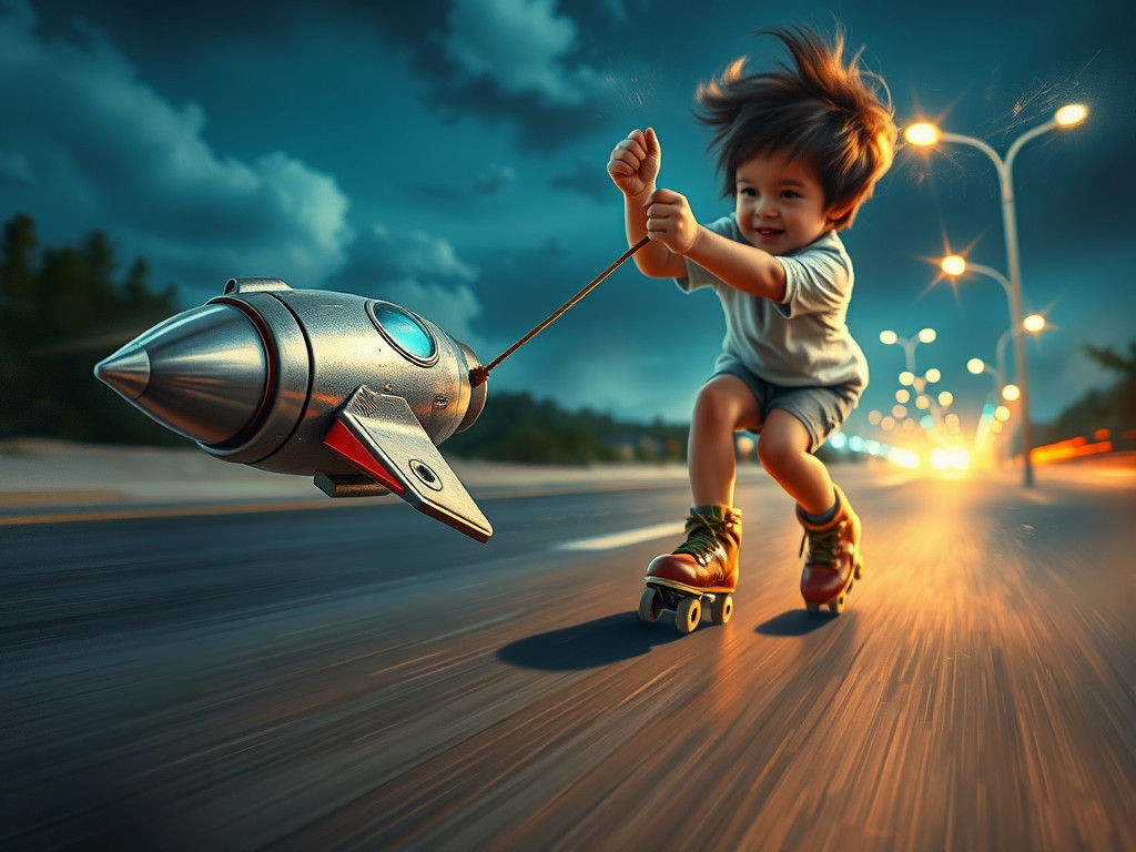 Kid on Roller Skates Pulled by Rocket Toy