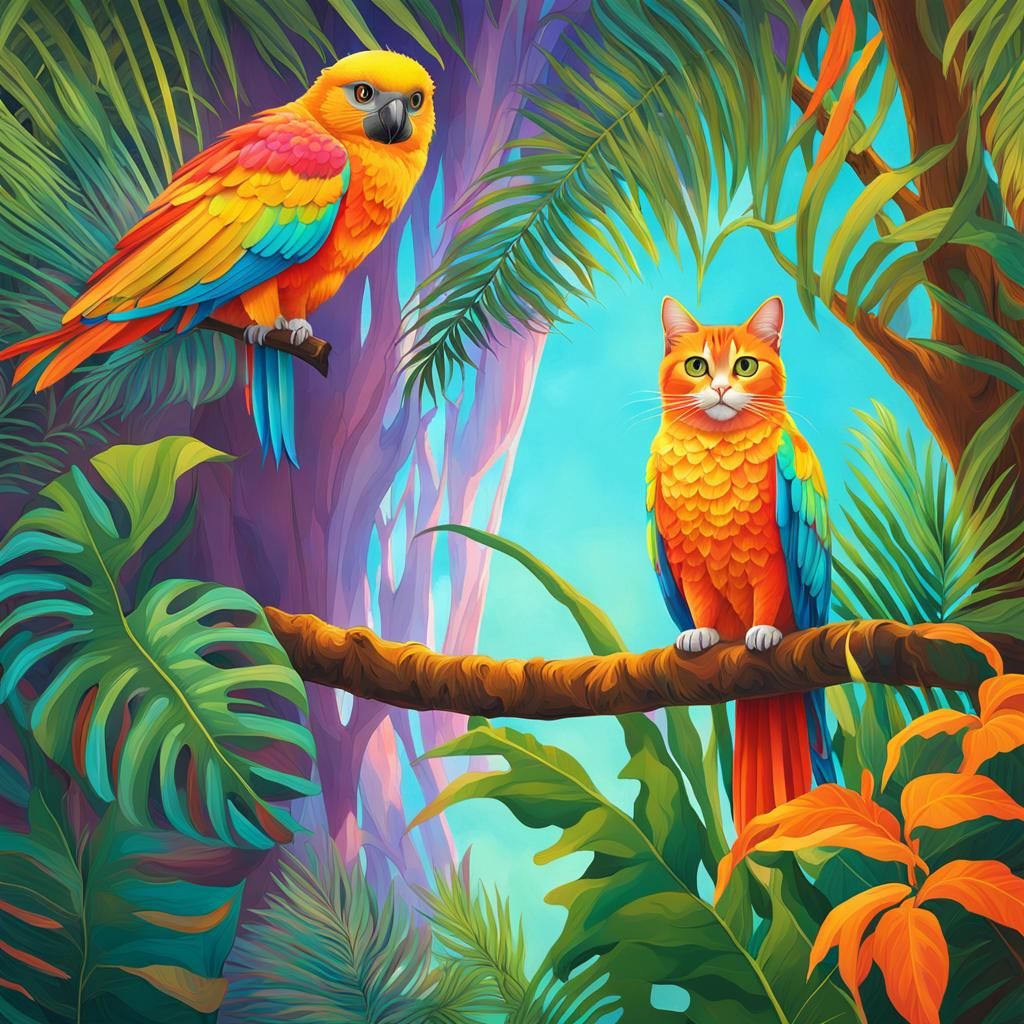 Lush Holographic Greenhouse with Tropical Birds and Cat