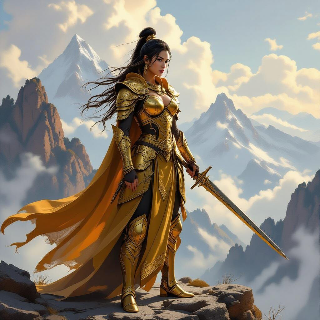 Warrior Queen of Ancient Asia on Mountain Peak