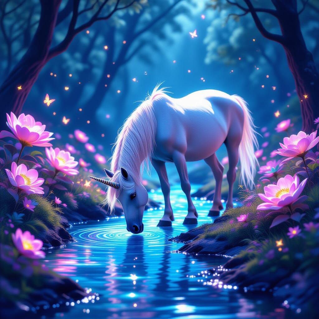 Majestic Unicorn Drinks from Enchanted Stream in Cosmic Styl...