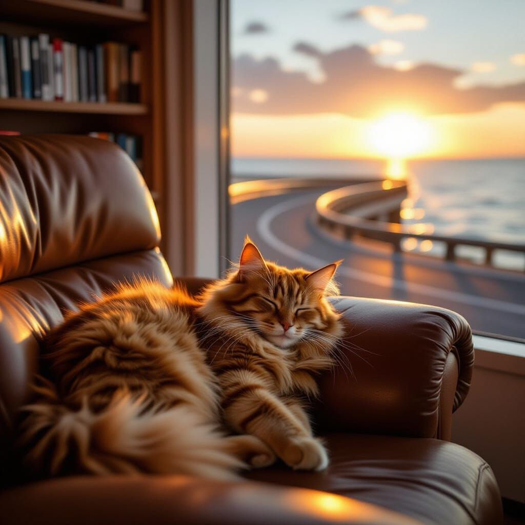 Ginger Cat Napping in Sunbeam on Leather Armchair