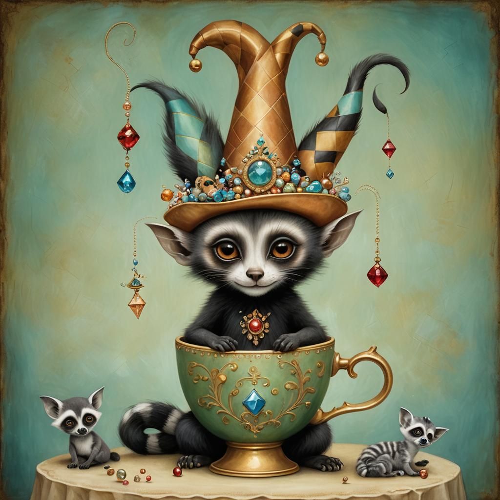 Surreal Harlequin and Lemurs in a Cup Painting