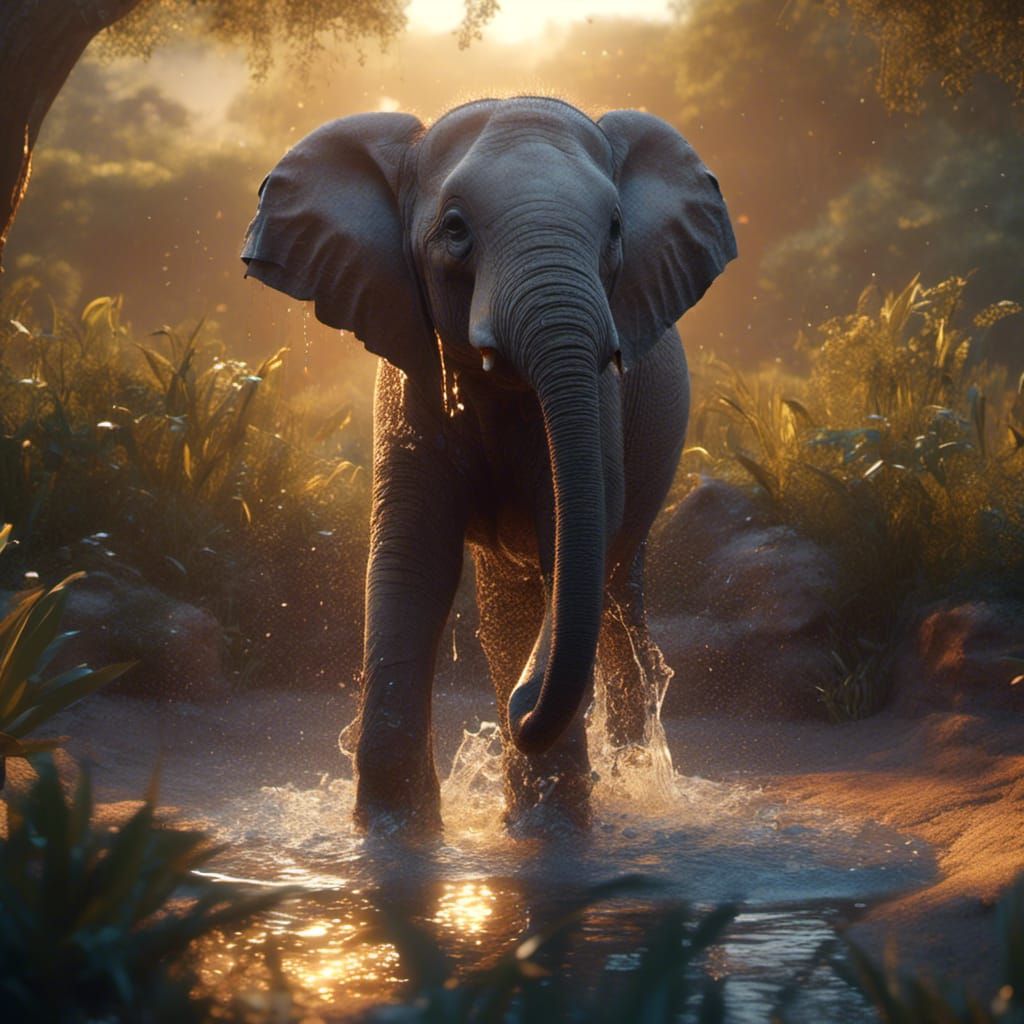 Elephant Bathes in African Savannah: Splash Art