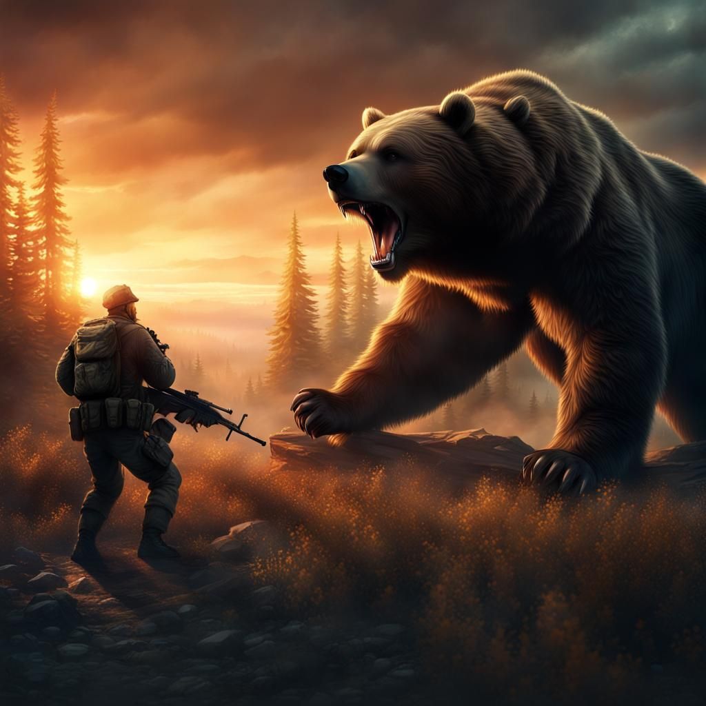 Epic Showdown: Soldier Versus Giant Bear at Sunset