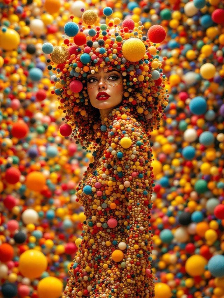 Woman in Gold Dress as Pointillist Pom-Pom Art