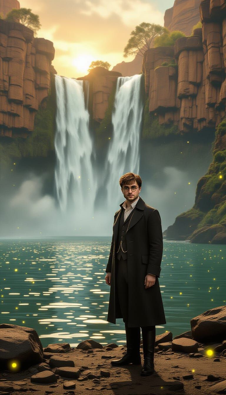 Steampunk Oasis: Figure by Waterfall in Cinematic Lighting