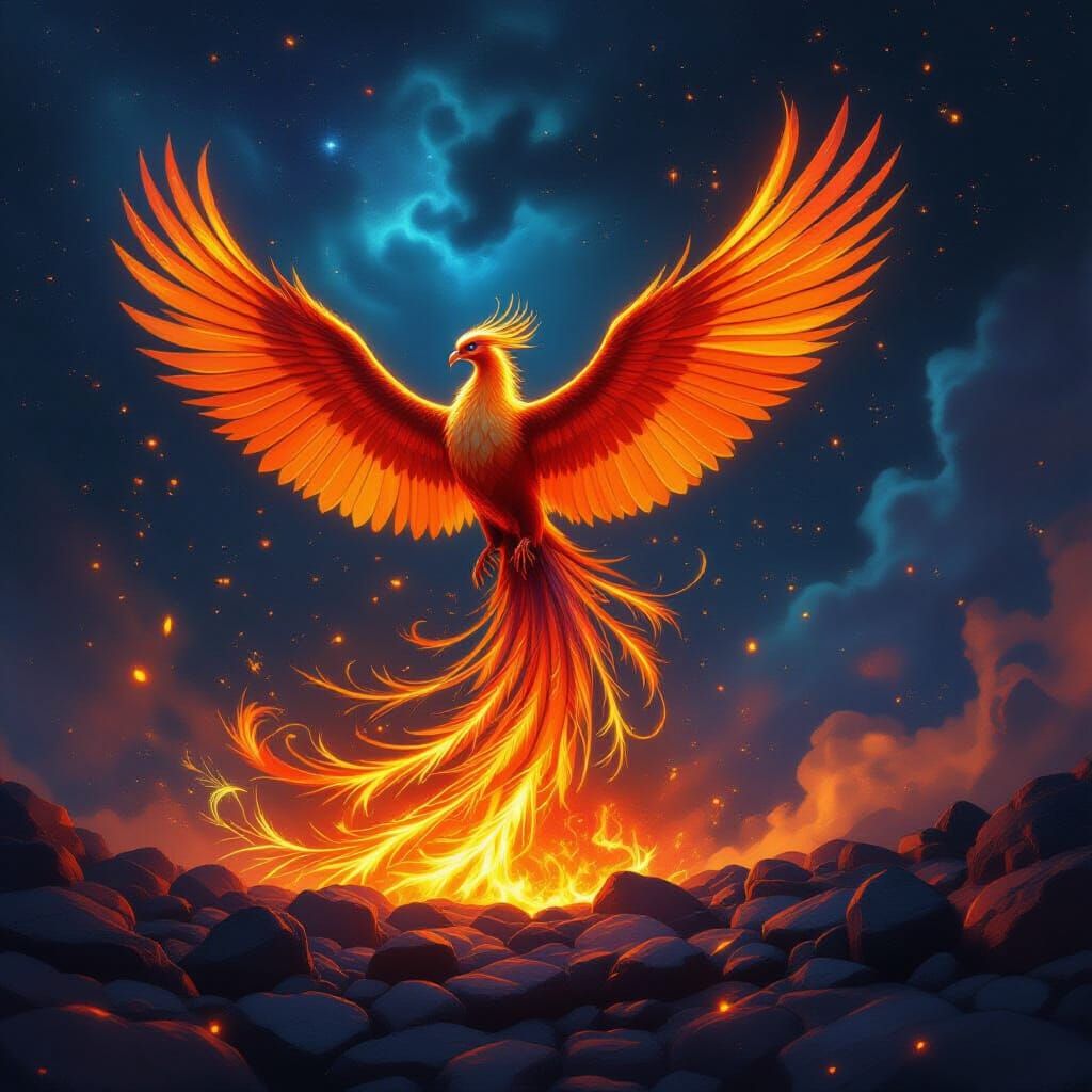 Majestic Phoenix Rises From Embers in Cosmic Nebula