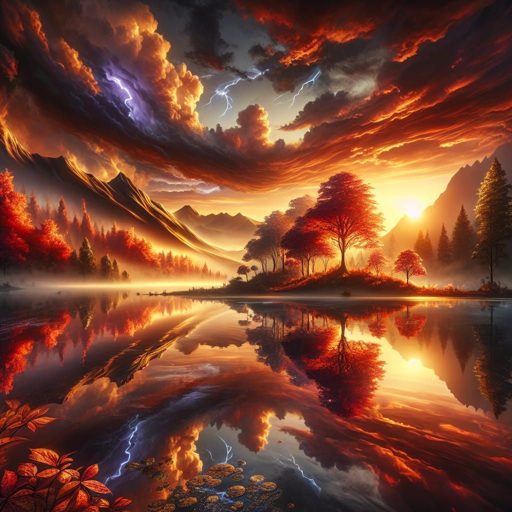 Reflective Sunset Landscape with Fantasy Elements