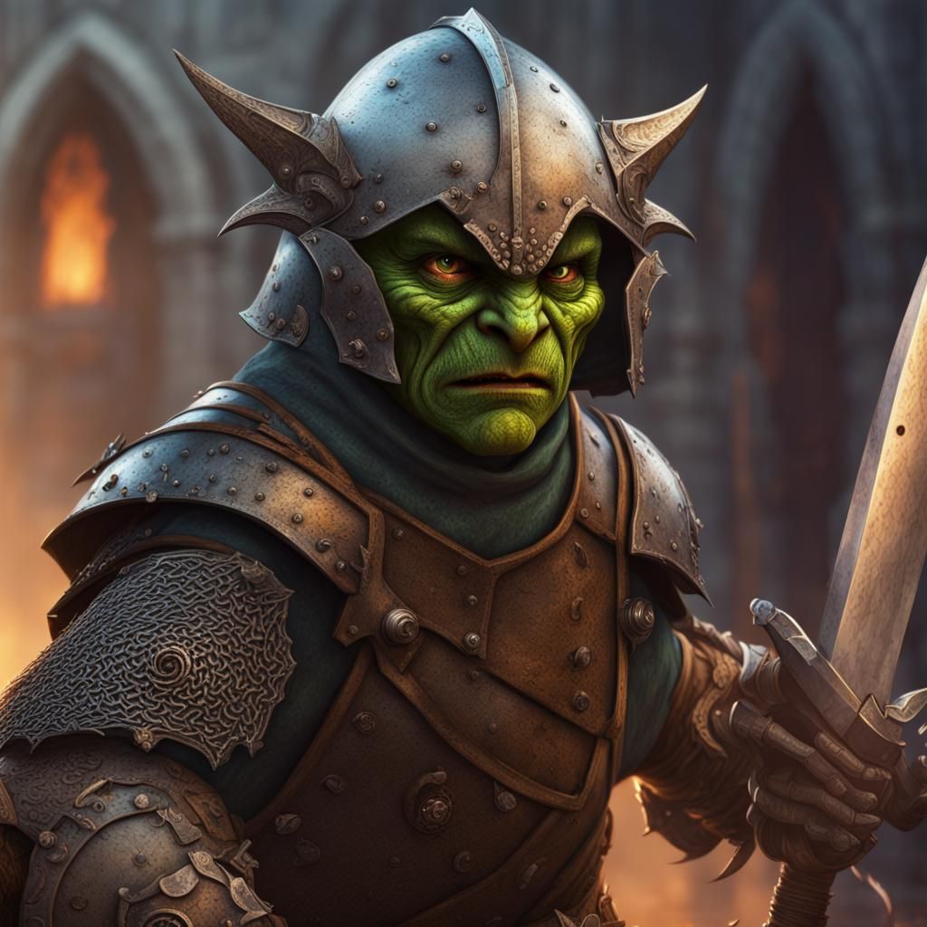 Scared Goblin Knight in Hyperrealistic Splash Art