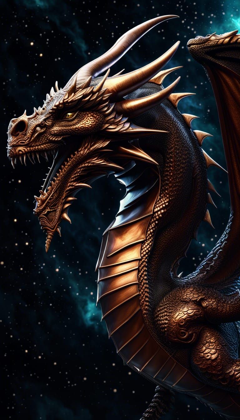 Bronze Dragon Flies Through Cosmic Dark Fantasy