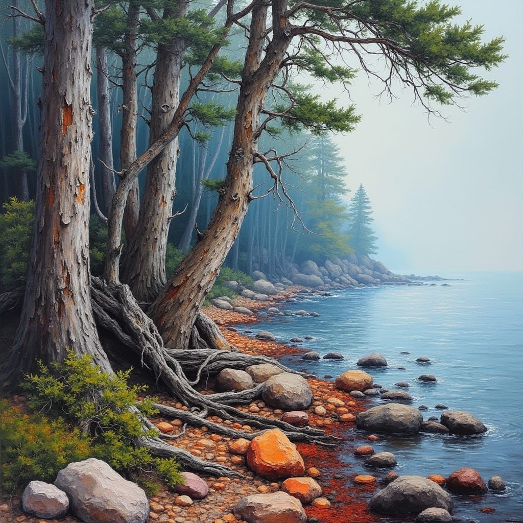 Gnarled Tree Trunks Against Misty Sea