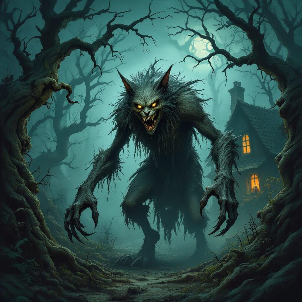 Monstrous Cat and Scary Grandma in Eldritch Forest