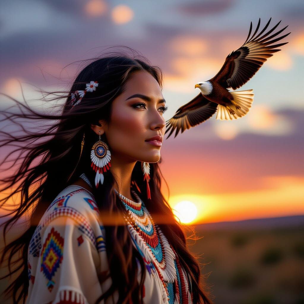 Native American Woman and Eagle Double Exposure in Magical R...