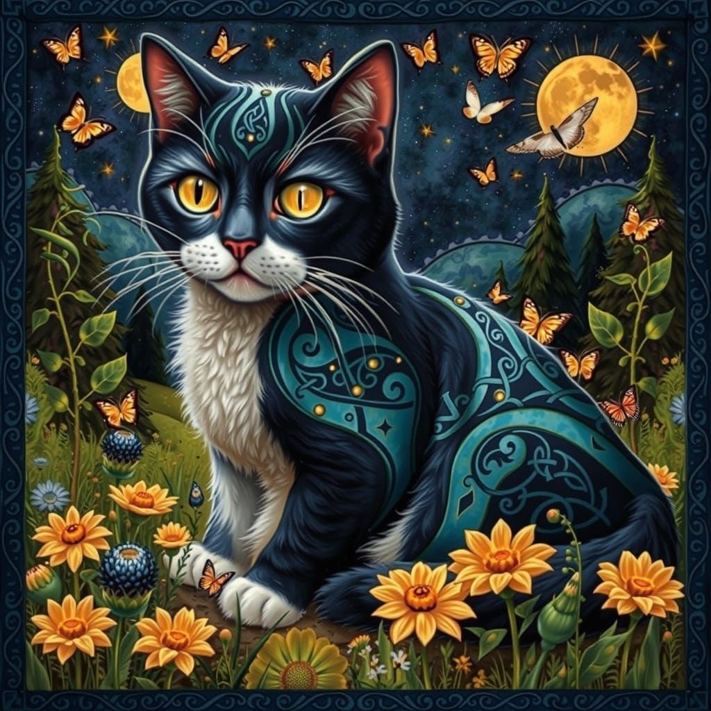 Surreal Whimsy of a Celtic-Inspired Black Cat Amidst a Vibra...