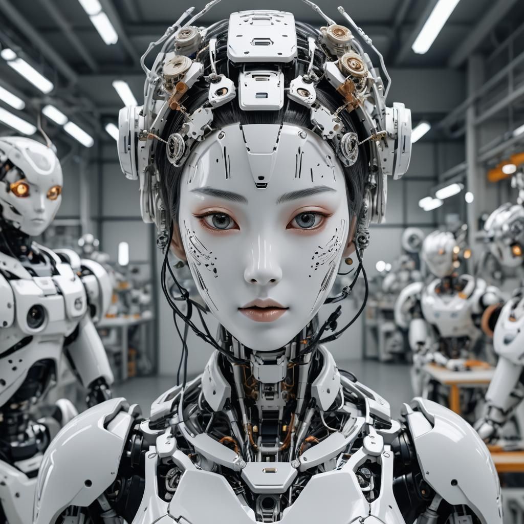 Japanese Robot Woman in Futuristic Workshop, 3D Render