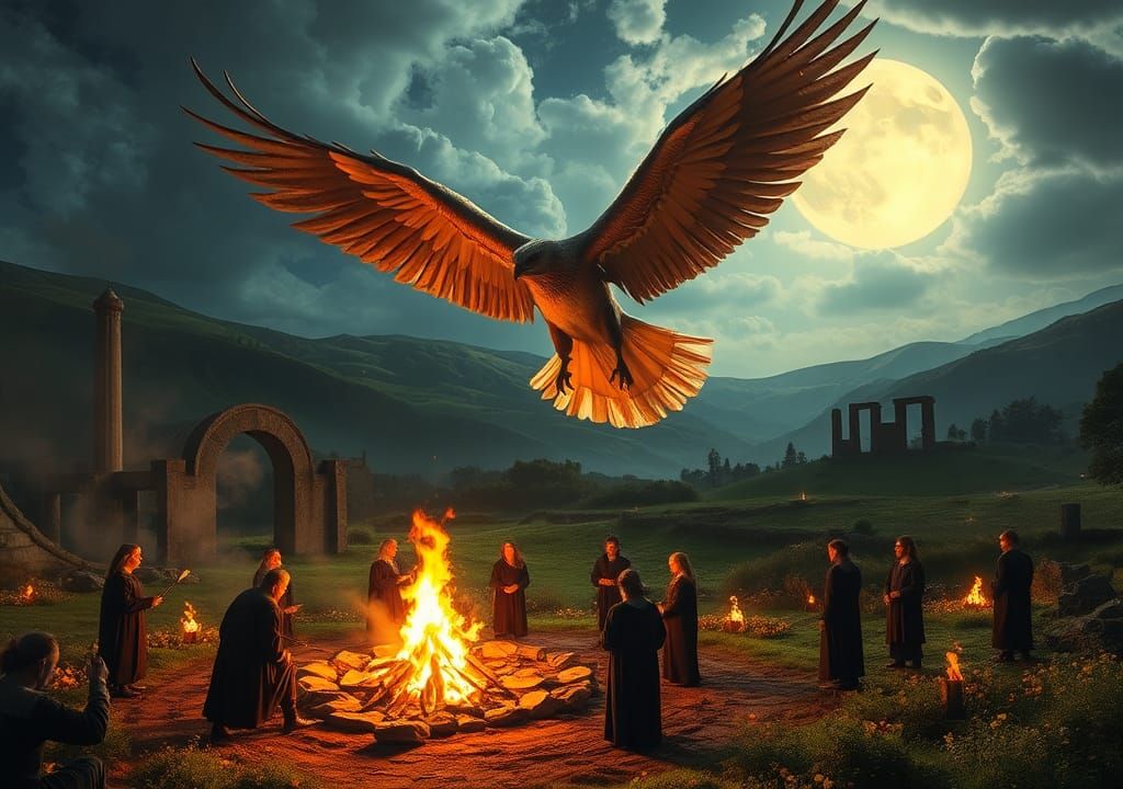 A mystical scene depicting Walpurgis Night, blending elements of Celtic traditions. Envision a moonlit landscape with an...