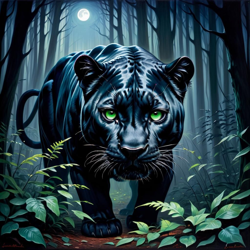 Panther Eyes in Dark Forest, Oil Painting