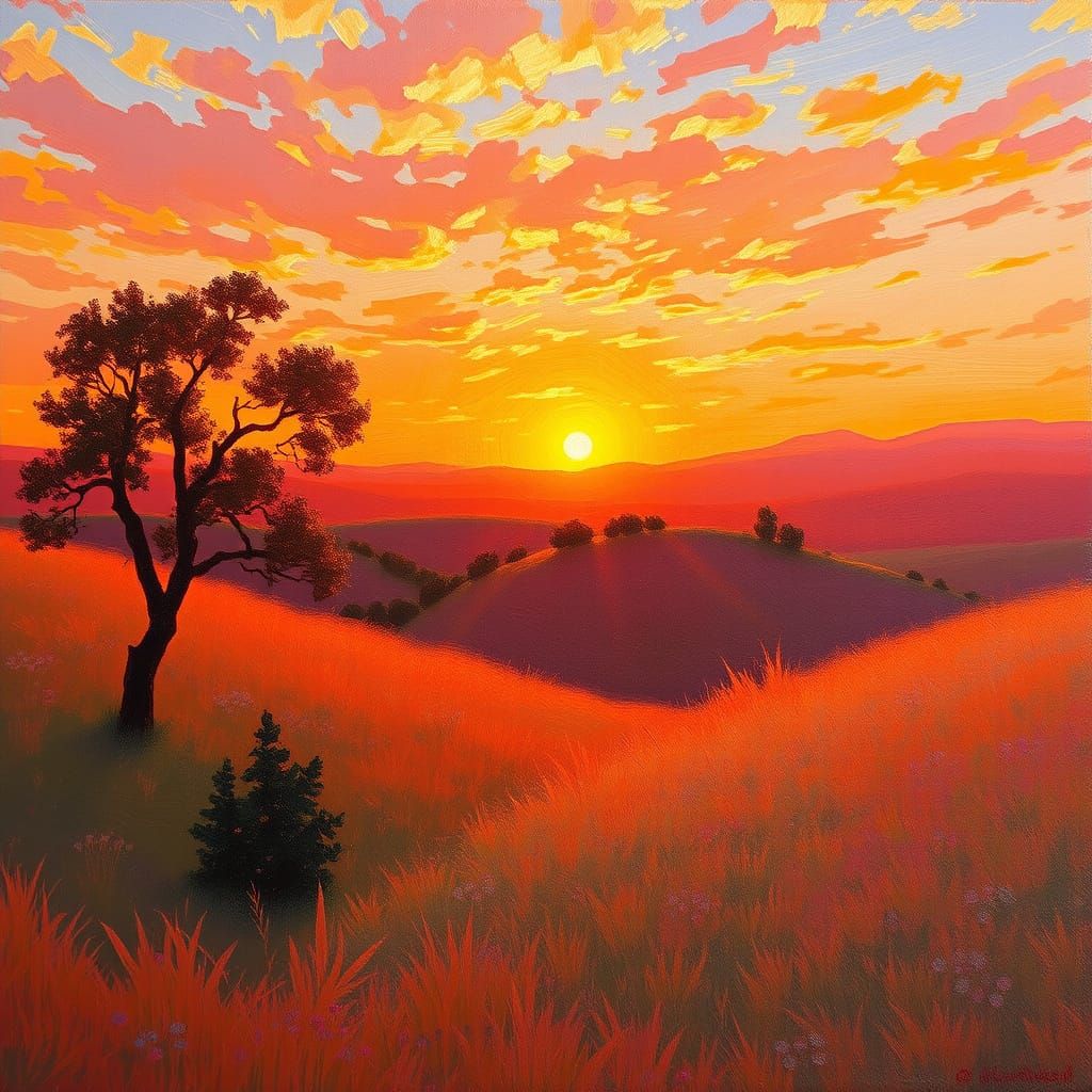 Vibrant Golden Sunset Over Rolling Hills