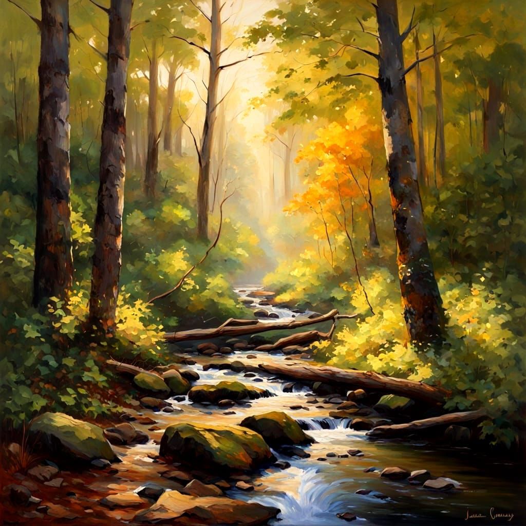 Stunning forest with golden shafts of sunlight streaming thr...