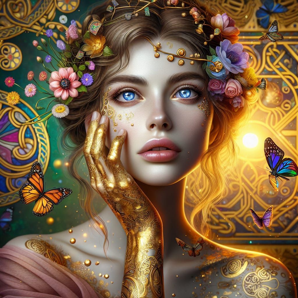 Woman with Flowers, Gustav Klimt Style Portrait