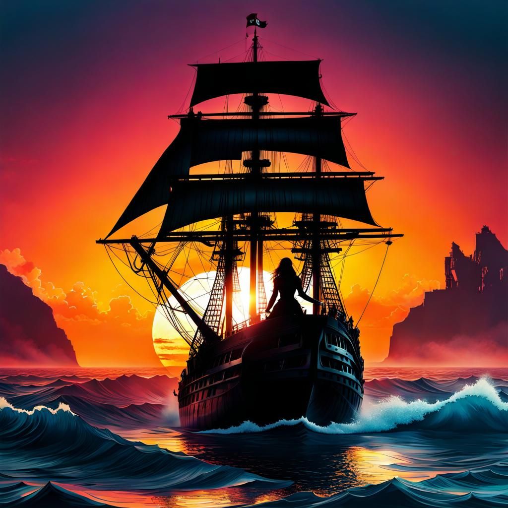 Pirate Silhouette at Sunset in Double Exposure