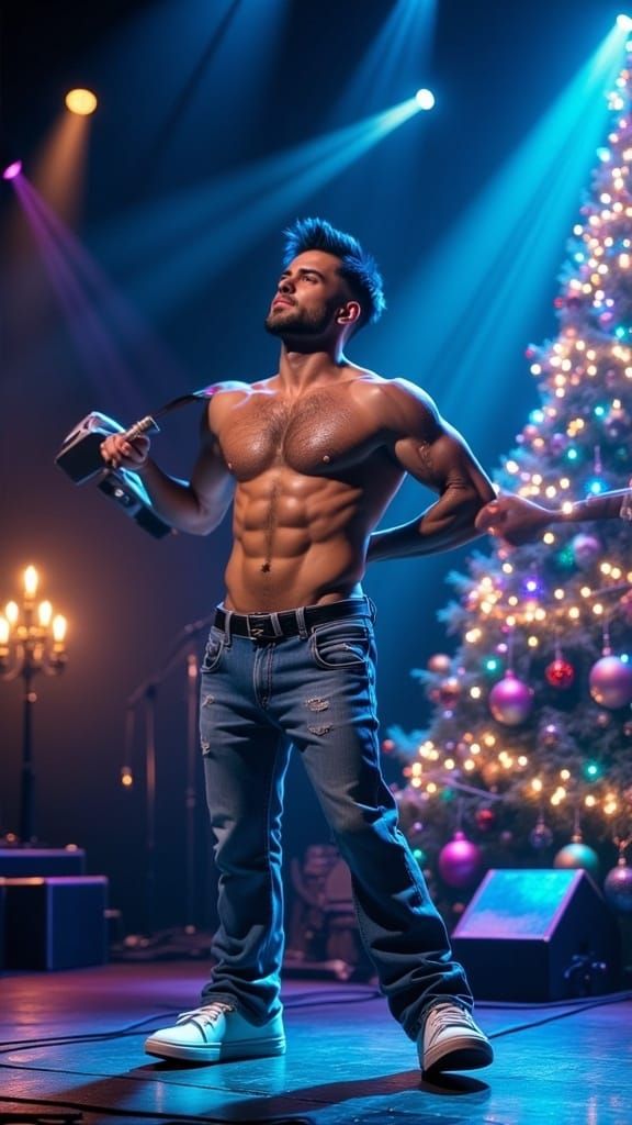 <lora:Flux Hyperreal:1.0> photorealistic , hyperrealistic image of shirtless android English boyfriend performing on sta...
