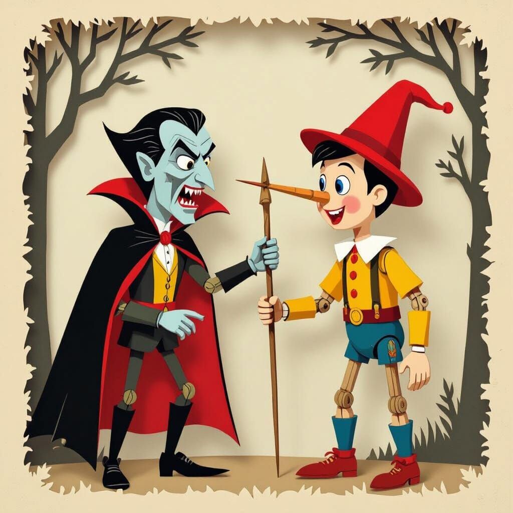 Pinocchio vs Vampire in Storybook Illustration