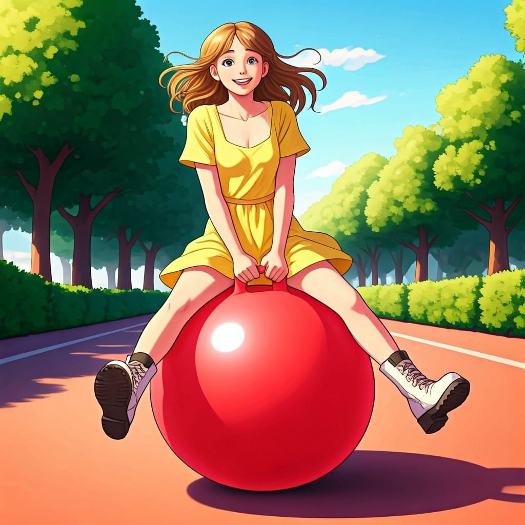 Teenage Girl on Space Hopper Ball in Cartoon Style