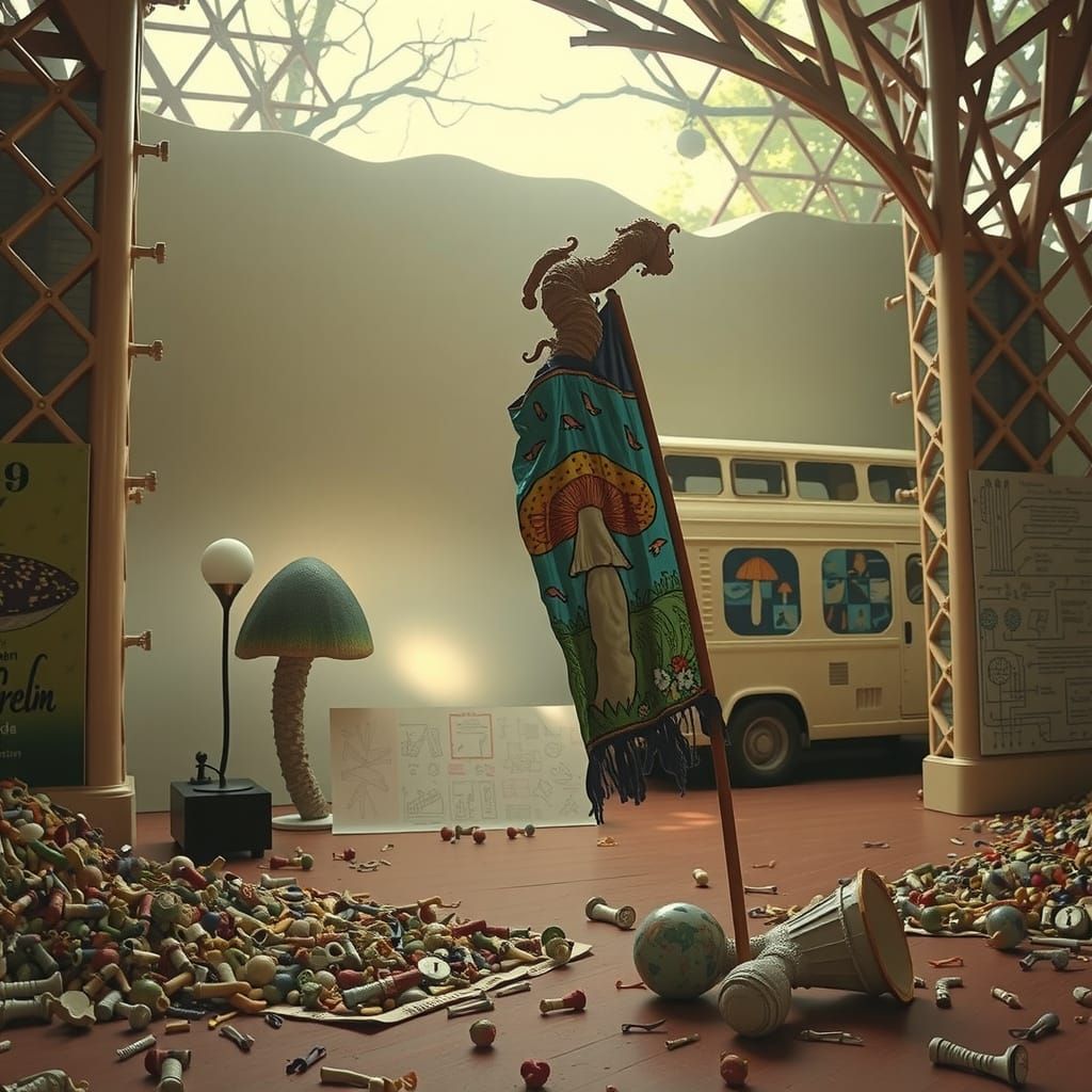 Whimsical Surrealist Scene: Ceramic Mushroom Flagpole Meets ...