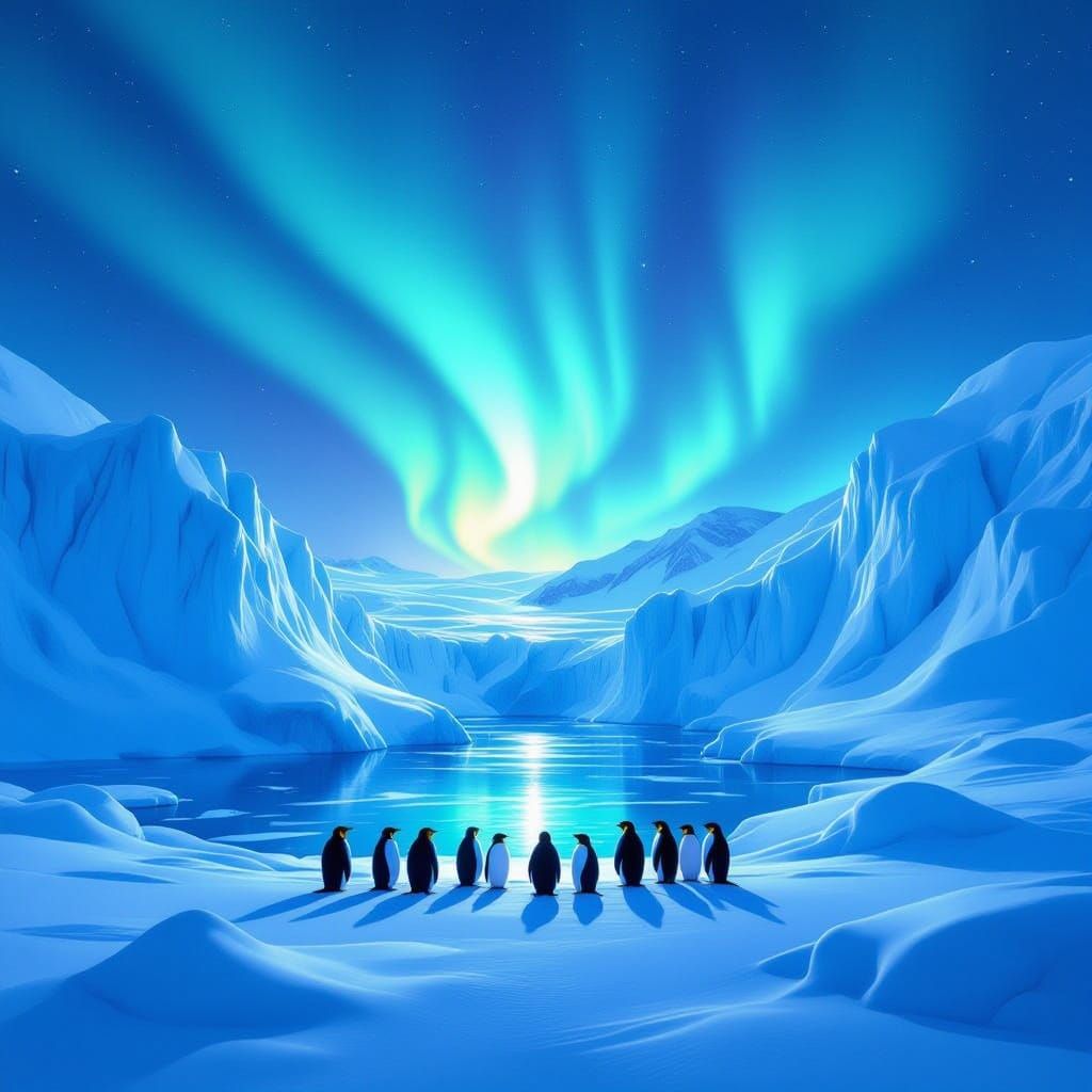 Penguins Gather Under Aurora in Ethereal Ice Kingdom
